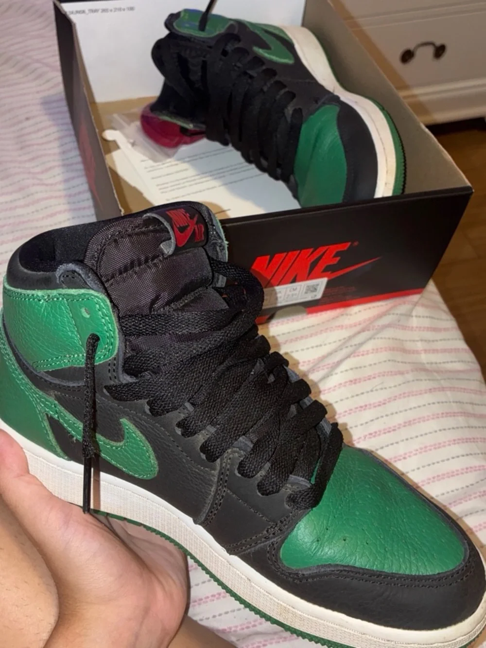 Air Jordan 1 High Top Black/Green Colorblock Leather Sneakers